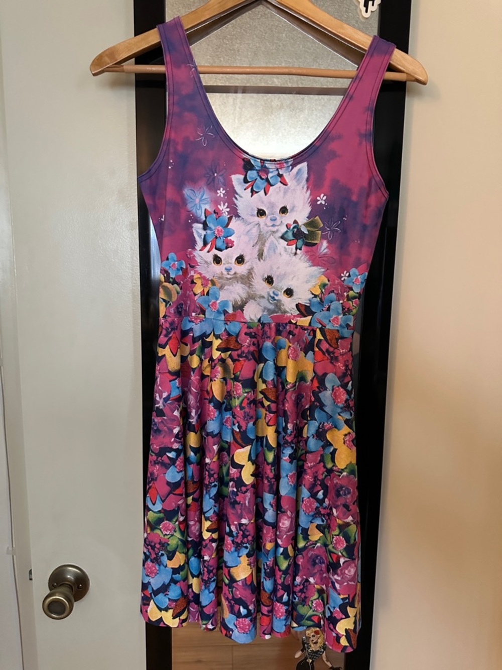 BlackMilk Cute Kitten Floral Scoop Skater Dress in Purple and Multicolor
